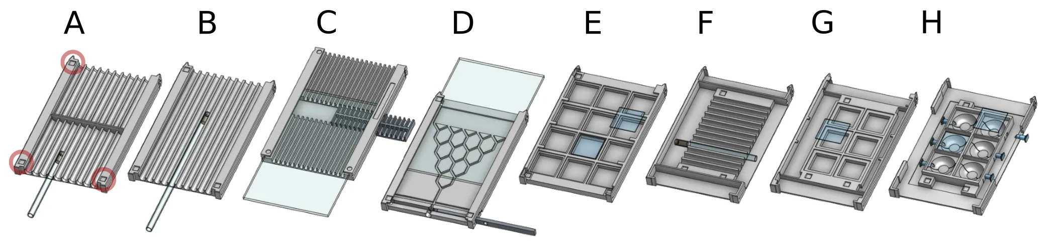 Eight arena designs, labelled A to H, from the standard tube arena to well plates and courtship chambers