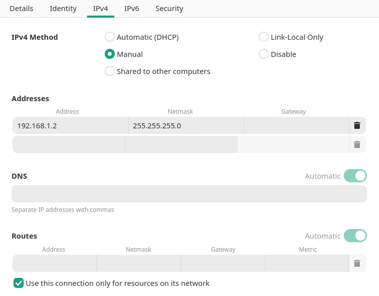 Network settings of the node: manual IPv4 address 192.168.1.2 and “Use this connection only for resources on its network” ticked