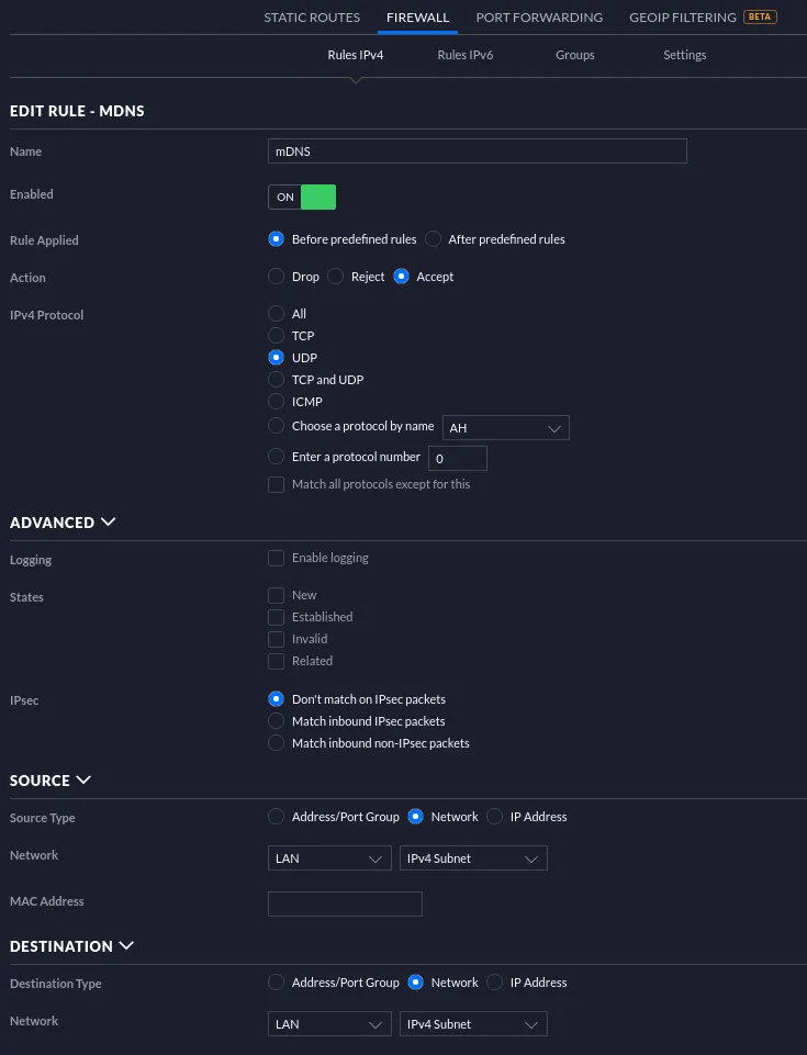 UniFi firewall rule named mDNS: accept UDP, from the LAN network to the LAN network, before predefined rules
