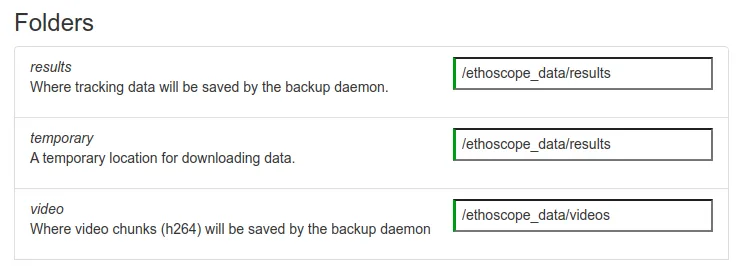 Folder settings of the node: results and temporary downloads in /ethoscope_data/results, video chunks in /ethoscope_data/videos