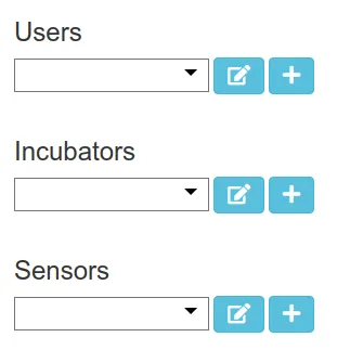 The Users, Incubators and Sensors lists of the node, each with edit and add buttons
