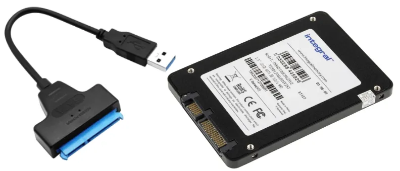A 2.5-inch SATA SSD with a SATA-to-USB 3.0 adapter cable