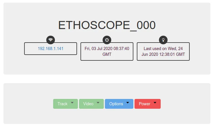 The page of ETHOSCOPE_000 with its Track, Video, Options and Power menus