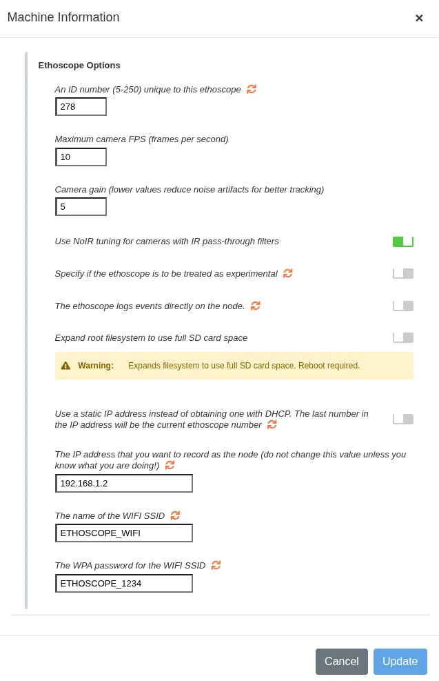 The Machine Information settings window of a new ethoscope