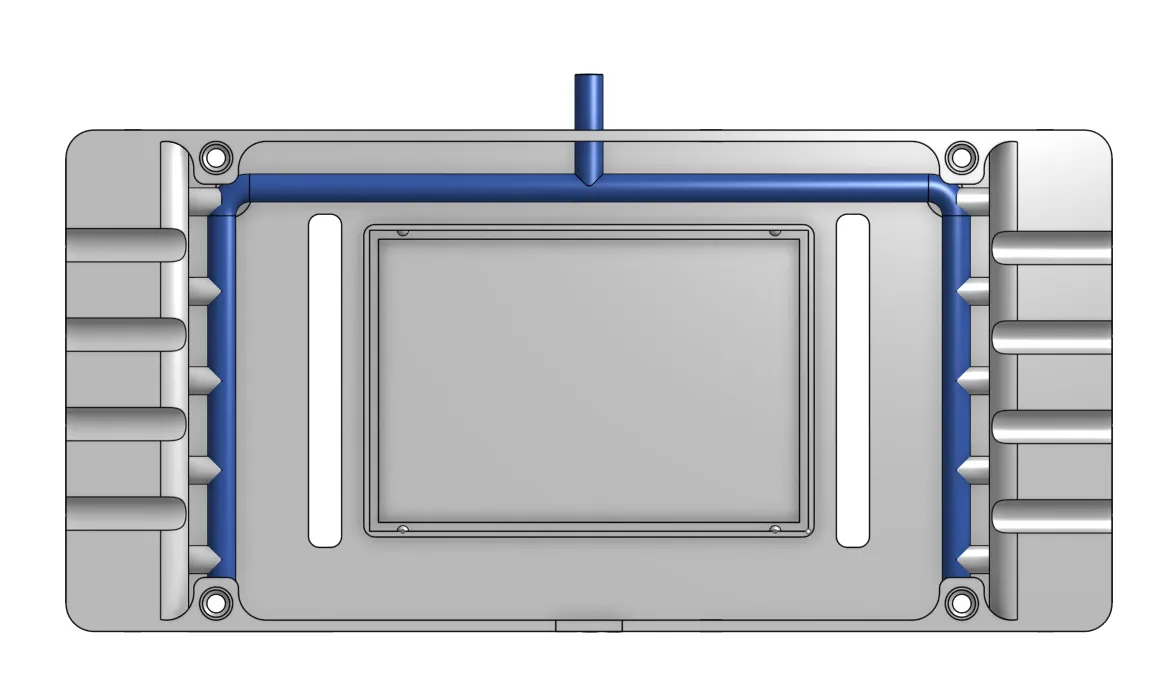 The waste collection channel, shown in blue, built into the printed valve base