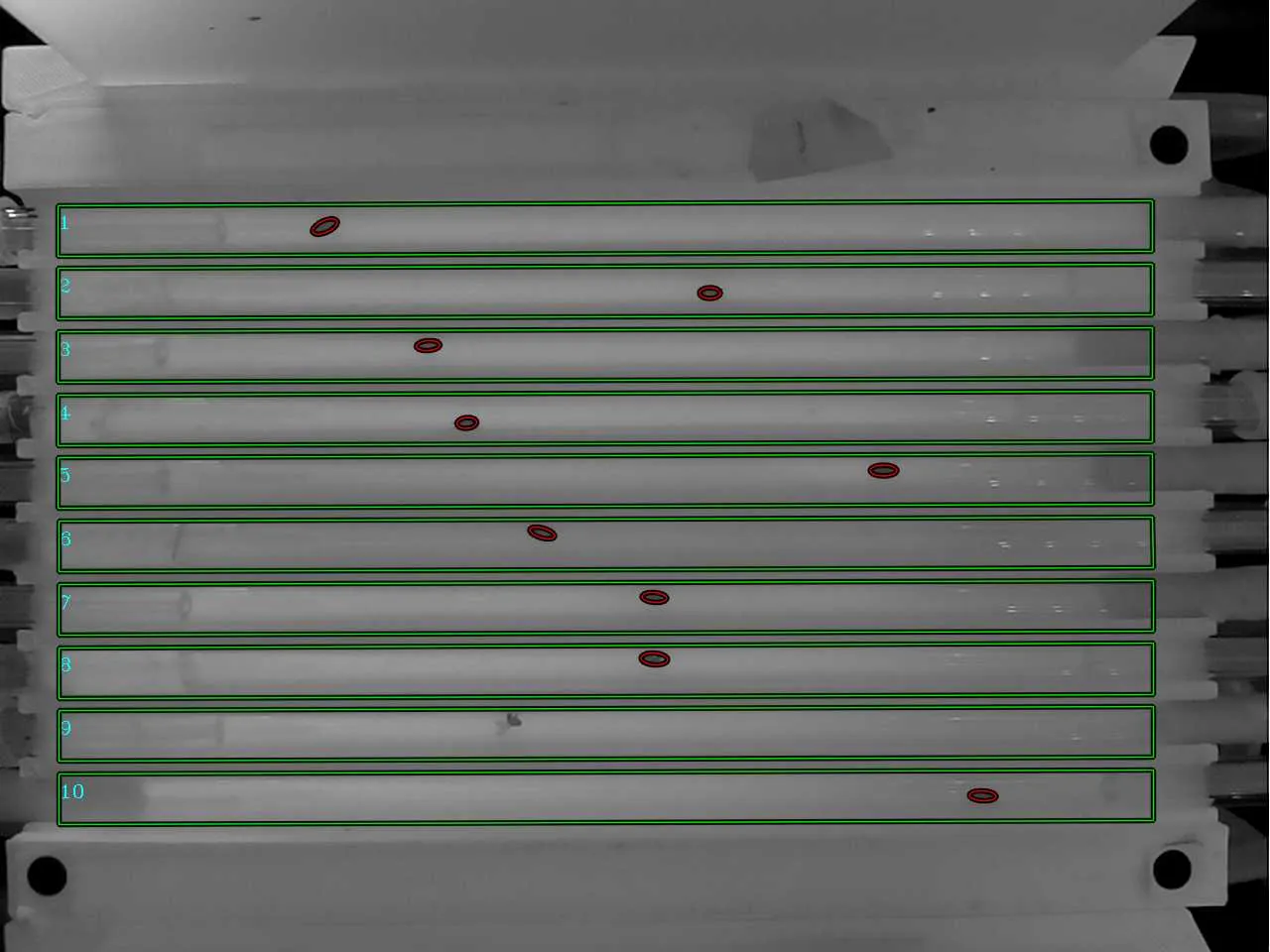 Camera view of an AGO arena with ten tubes, each outlined as a region of interest