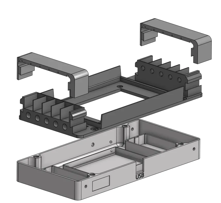 Exploded view of the sleep deprivation module: motor covers, motor holder and electronics base