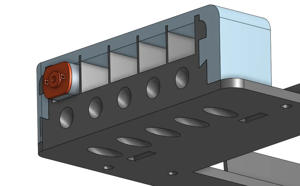Render of the motor holder: the motors lie on their long side and their wires drop into the base