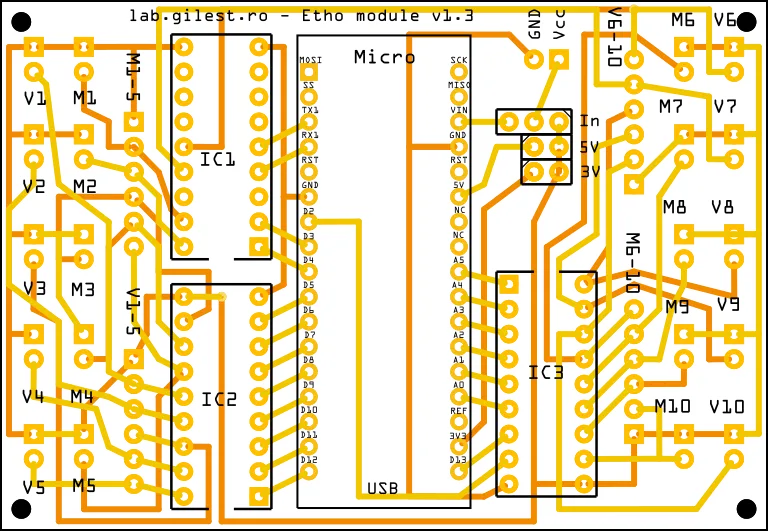 Layout of the module board, version 1.3: the Arduino in the centre, arrays IC1 to IC3, connectors M1–M10 and V1–V10 on the sides, the USB port at the bottom