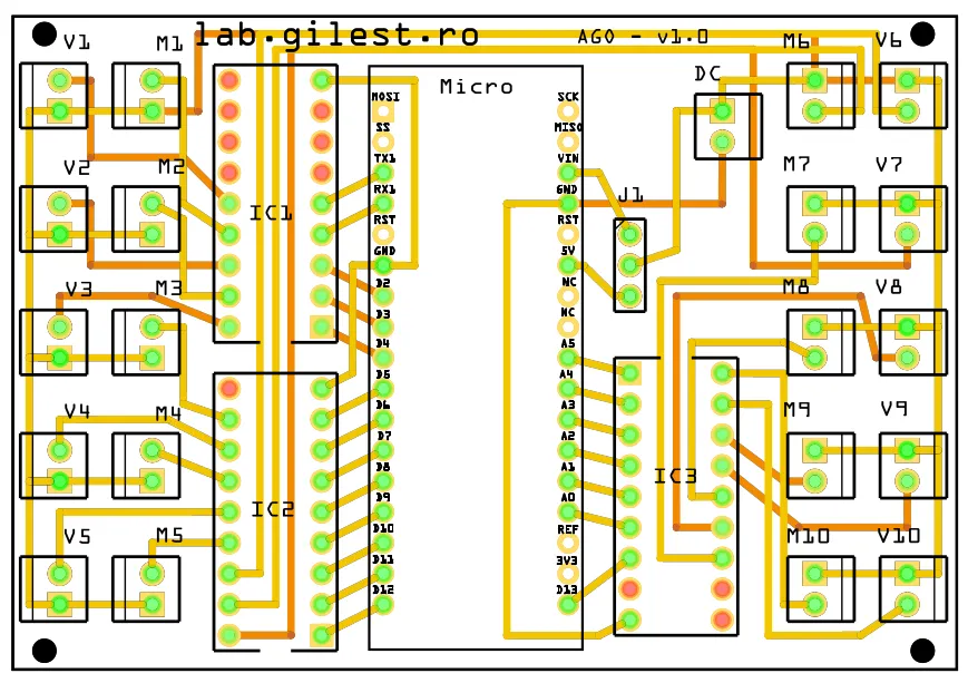 Layout of the version 1.0 board, labelled AGO v1.0