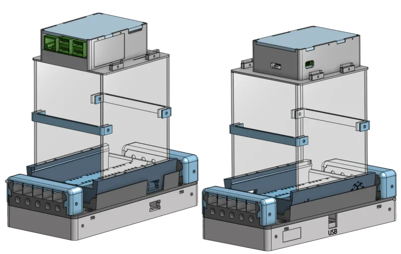 Two ethoscopes standing on their modules, showing which way round the module goes under the arena