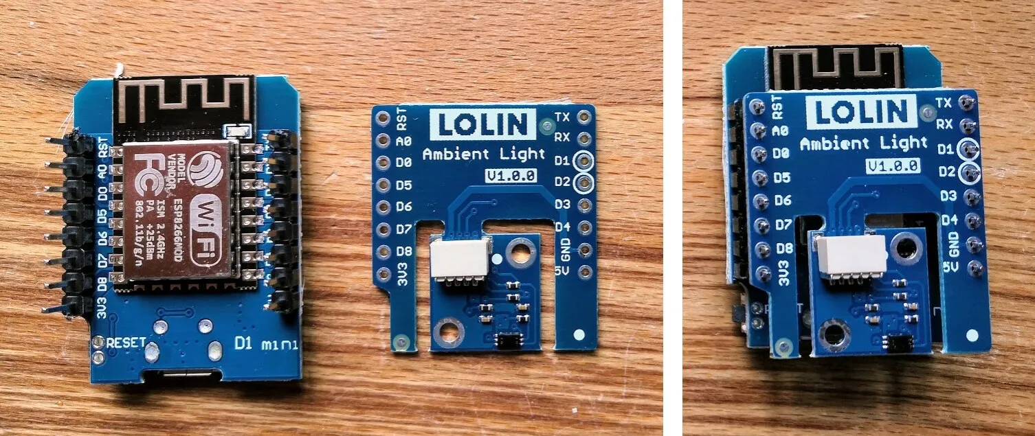 A WeMos D1 Mini and its BH1750 light shield, before and after stacking