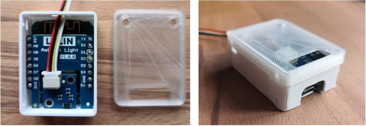 The assembled sensor in its printed case, open and closed