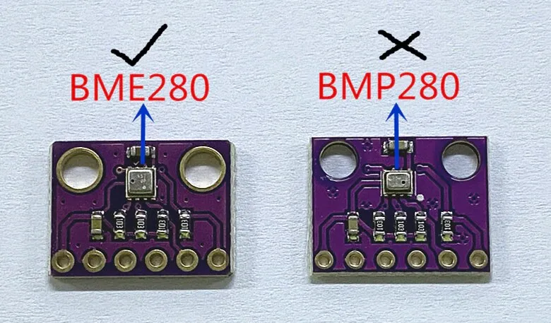 The BME280 and the BMP280 side by side: the BME280 chip is square, the BMP280 chip rectangular