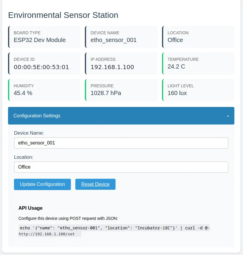 The sensor’s own web page: board type, name, location and current readings, with the configuration form