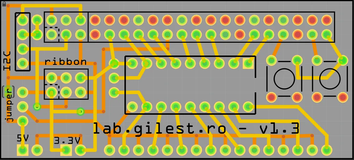Layout of the GPIO shield, version 1.3: I2C and ribbon connectors on the left, the Darlington array in the middle, two buttons on the right, 5 V and 3.3 V outputs at the bottom