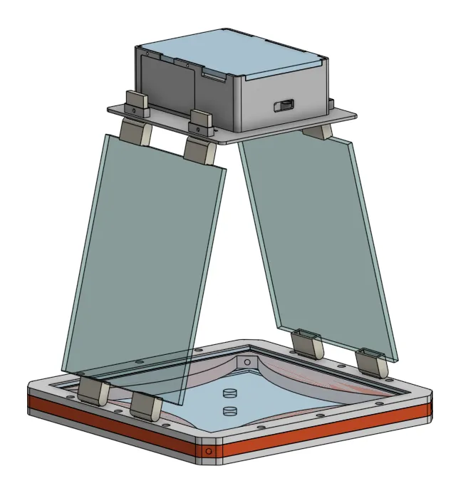 Render of the olfactometer: an ethoscope case on long walls above the four-quadrant arena