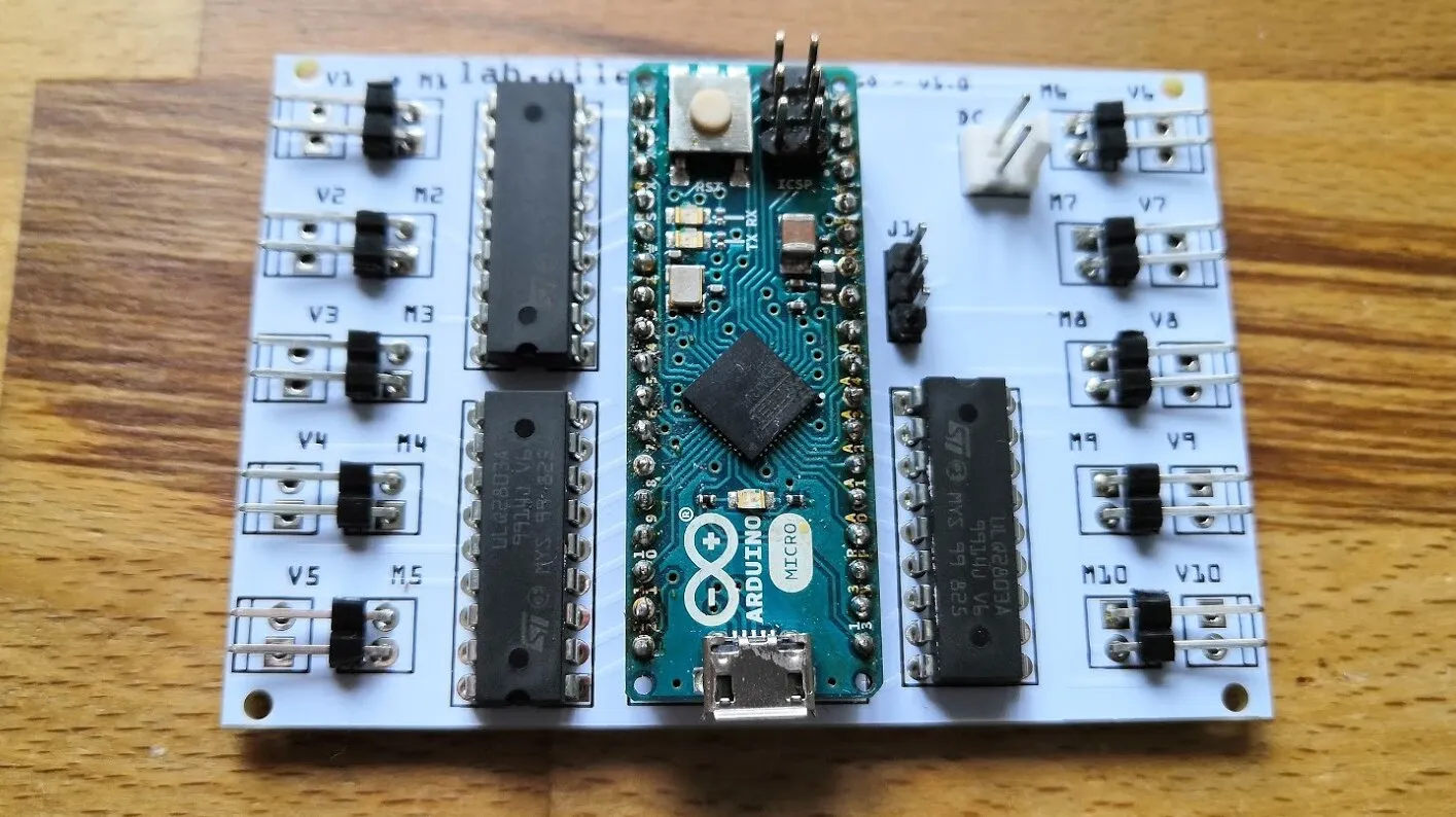 The finished board with the Arduino Micro soldered in the centre
