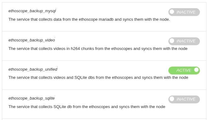 The node’s backup services: ethoscope_backup_unified active; ethoscope_backup_mysql, ethoscope_backup_video and ethoscope_backup_sqlite inactive