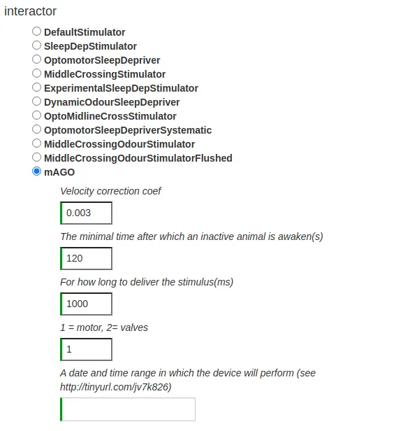 The interactor list with mAGO selected, showing its settings: velocity correction coefficient, minimal inactive time, stimulus duration, stimulus type and date range