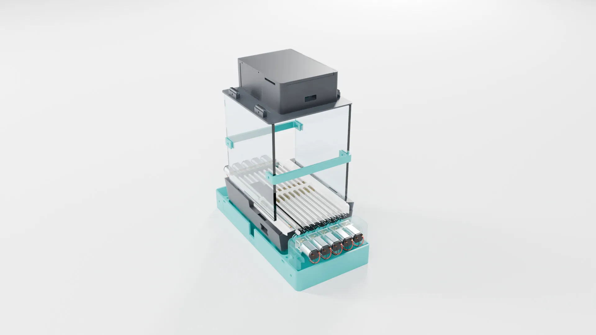 An ethoscope on a teal sleep-deprivation module, with a row of small motors at the front.