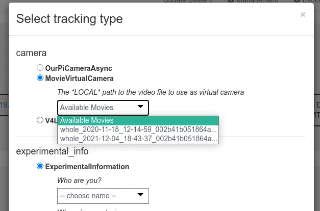 The tracking dialog with MovieVirtualCamera selected and the list of available movies open