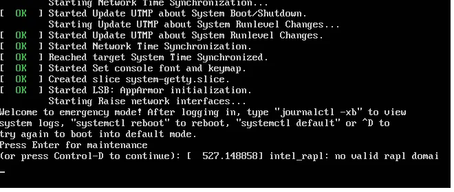 Boot messages ending in emergency mode, asking for the root password for maintenance